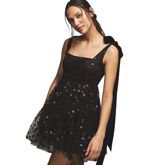 Anthropologie Dresses & Skirts - Anthropologie Geisha Designs Mini Dress Black Heart Sequin Tulle Velvet Bows 6